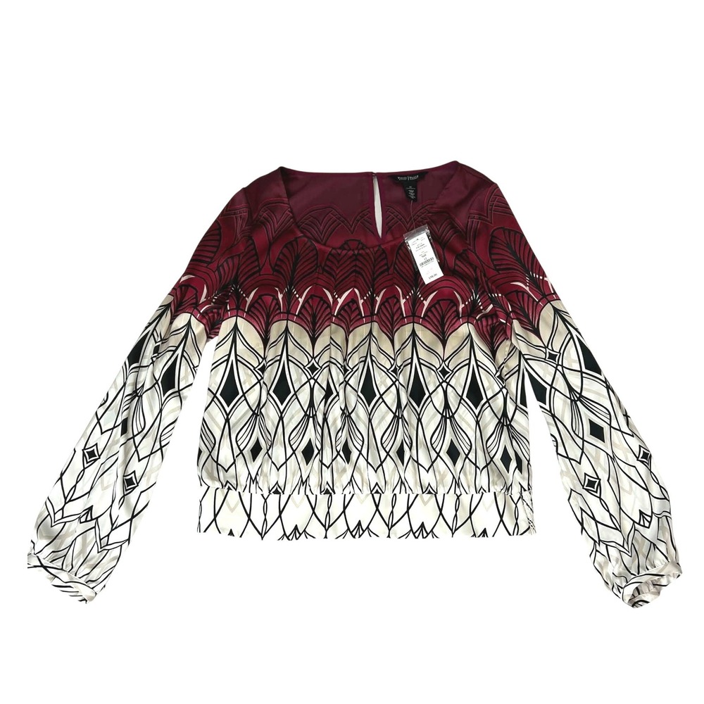 White House Black Market Deco Print Day Blouse Burgundy Black White Size 12 NWT